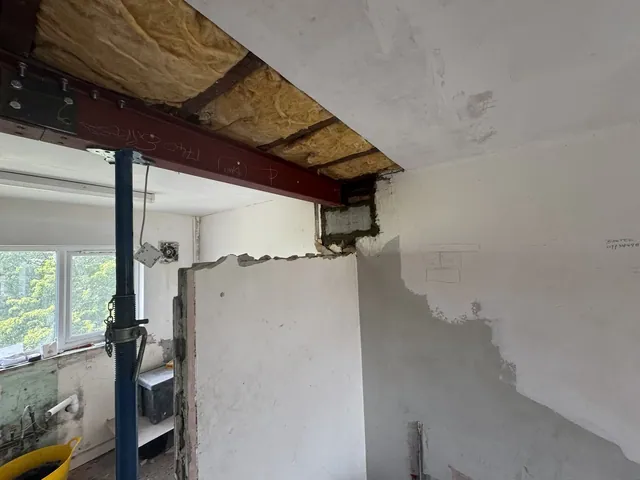 Exposed steel beam and support detail during the works